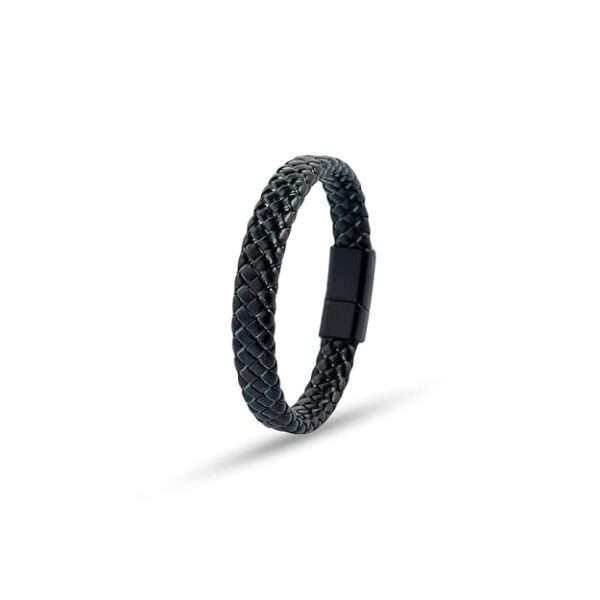 Stainless Steel Magnetic Clasp Black Leather Bracelet