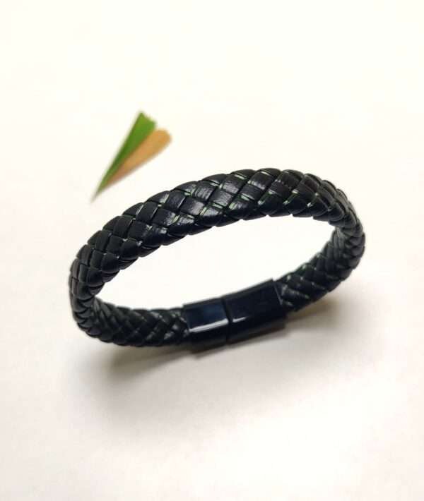Stainless Steel Magnetic Clasp Black Leather Bracelet - Image 4